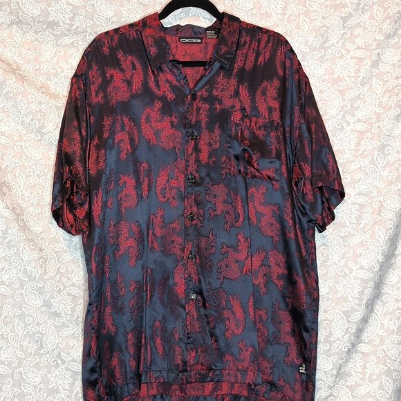 Red and black satin 'Odo' button down bowling shirt with dragons - XL - Picture 1 of 4